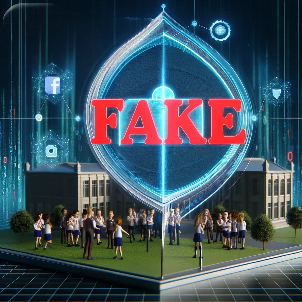 A 3d rendered image of a school with kids out the front and a facebook logo and the word FAKE indicating a fake school social media account that needs takedown.