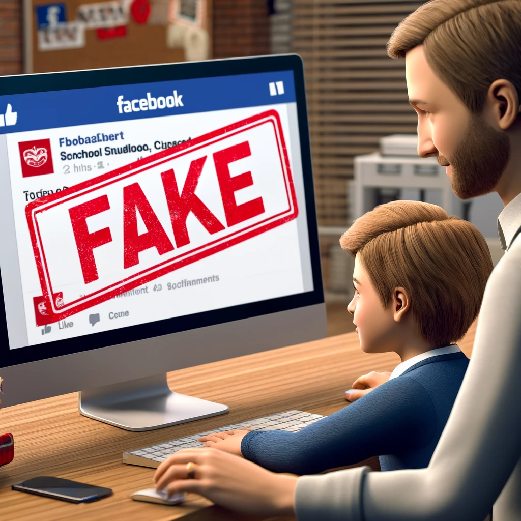 Father and son looking at a fake school facebook post on a pc that needs takedown.